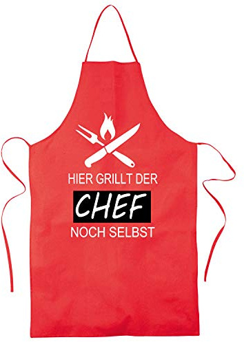Hier Grillt der Chef noch selbst |Grill, BBQ | Küchenchef, Koch | Kochschürze, Latzschürze, Küchenschürze Grillschürze, Partyschürze | Geschnek, Geburtstag, Schurz | (Rot)