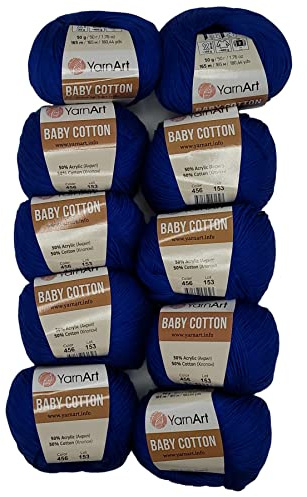 10 x 50g Strickwolle YarnArt Baby Cotton mit 50% Baumwolle, 500 Gramm Wolle einfarbig (royal blau 456)