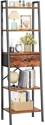 Furologee 5 Tier Ladder Shelf, Tall and Narrow Bookshelf with Drawer,Standing Bookcase Units, Industrial Open Display Shelves Organizer for Bathroom,Kitchen,Bedroom,Living Room,Rustic Brown