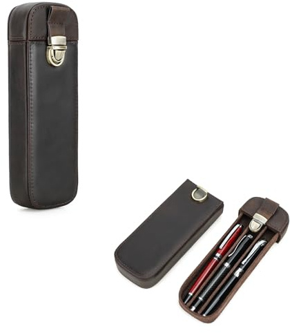 Hiram Leder Füllhalteretui für 3 Stifte, Tragbares 3 Stifte Etui mit Schloss, Vintage Stiftebox für Schule, Büro, Geschäft Reisen (Kaffee)