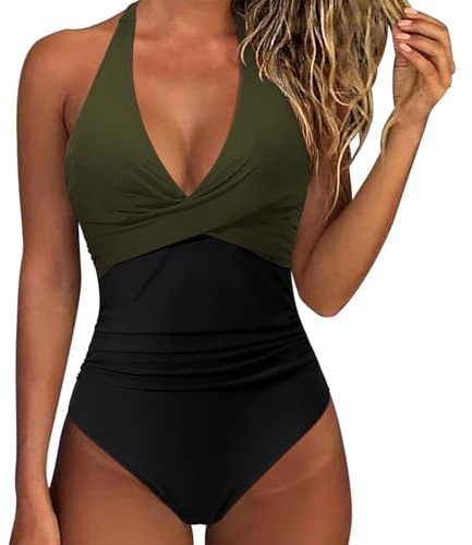 Maillot De Bain Femme 1 Pieces col Halter Gainant Sport Natation Ronde a la Mode Swimsuit Femme Monokini Ete Col en V Grande Taille Retro Vintage Océan Plage (Green, S)