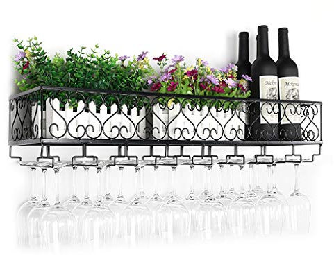 HanDpi Portabottiglie da Muro Portabottiglie in Metallo, Portabicchieri da Vino a Parete Portabottiglie da Vino Portacalici, Portaoggetti da Parete con mensola sospesa, Nero alla Moda