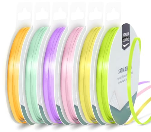 Vaessen Creative Satinband 3 mm x 10 m - Doppelseitiger Schleifenbänder und Dekoband zum Basteln - Geschenkband und Stoffbänder für Deko und Schateln - Frühling Farben Bunt - 6 Stück
