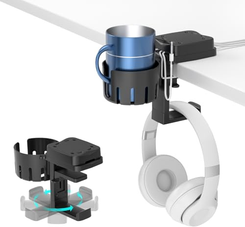 KDD 3 en 1 Soporte Auriculares Gaming con Portavasos de Escritorio - Universal Porta Cascos Mesa Giratorio & Soporte Tazas con Organizador de Cables para Todas los Cascos Tazas Hogar Oficina Juegos