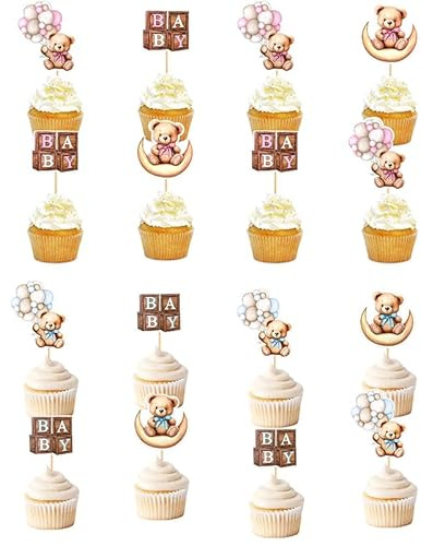 Huoflame 24 Stück Bär Cupcake Topper - Rosa & Blau Babyparty Tortendeko für Gender Reveal & Geburtstage - Niedliche Papier Muffin Deko für Baby Shower, Taufe & Kinderparty