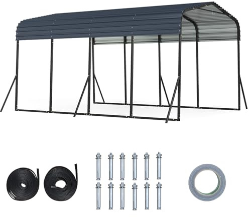 GOPLUS Cobertizo de Coche de Metal, 440 x 300 x 250 cm, Refugio de Vehículo con Techo Duro, 4 Patas Inclinadas y Anclajes de Fijación para Exteriores, Carpa Al Aire lIbre para Camiones, Tractores, Suv