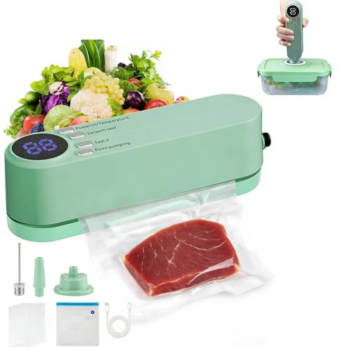 Domigard 3 in 1 Mini Vacuum Sealer – Cordless Rechargeable Food Storage | For Dry Moist Food | 4 Snack Bags + 1 Storage Bag | Inflation Pump | Home Kitchen | Green
