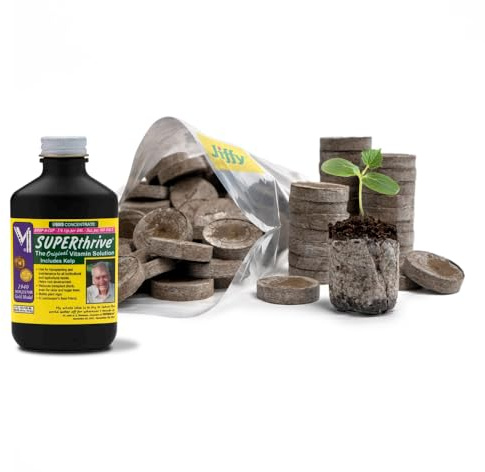 100 Count- Jiffy 36 MM Peat Soil Pellets Seeds Starting Plugs: Indoor Seed Starter- Start Planting Indoors for Transplanting to Garden and SUPERthrive Plant Vitamin Solution with Kelp, 4 Oz.