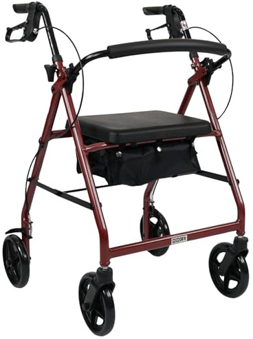 Humber Mobility HMC Rollator Lightweight Aluminium Rollator Walker – Foldable Walking Aid with Padded Seat & Backrest, Adjustable Handles, Swivel Wheels, Storage Bag – Indoor/Outdoor Use (Red)