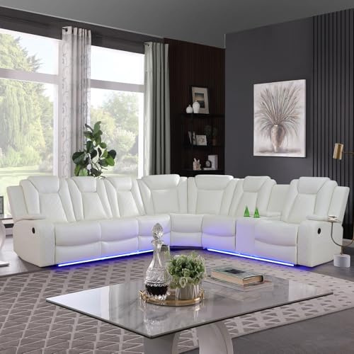 SIENWIEY Leather Power Recliner Sectional Sofa with LED Light,L Shaped Leather Couch with 2 Recliner Seats，Modular Corner Sofa with Storage Console/Coffee Table for Living Room(White, Sectional)