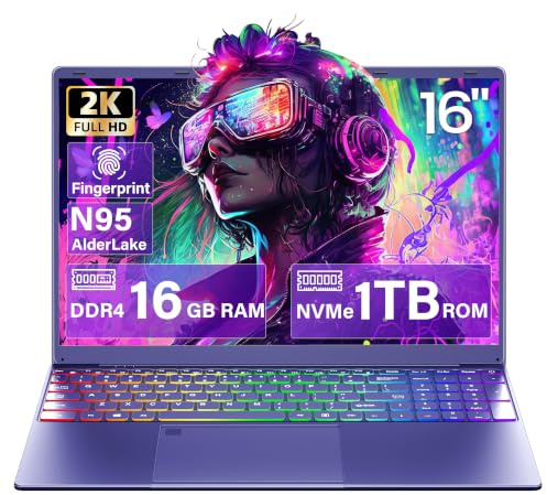Fsjun 16'' Purple Laptop, N95 Processor, 16GB RAM 1TB SSD, 2K IPS Display | CPU up to 3.4 GHz, 1920 x 1200 FHD Screen, Backlit Keyboard, Fingerprint Reader, Student Notebook for Business Travel Work