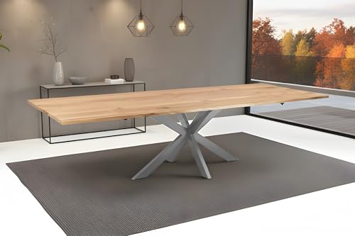 SAM Esstisch Sessa mit Ansteckplatten | 180 x 90 cm (erweiterbar auf 280 x 90 cm) |Eichenholz massiv + geölt | echte Baumkante | Spider-Gestell Metall Silber | Baumkantentisch/Esszimmertisch