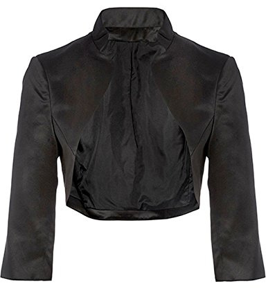 Flora BLACK Satin Wedding Shrug/Prom Bolero/Jacket,3/4 Length Sleeve (Medium)