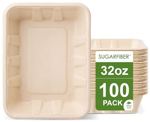 [100 COUNT]Harvest Pack 32 oz Compostable Food Trays, 8.49 x 6.45 x 1.86 Disposable PFAS FREE Food Container, Bagasse Rectangle Paper Plates, Sugarcane Eco-Friendly Plant Fibers, No Lids included