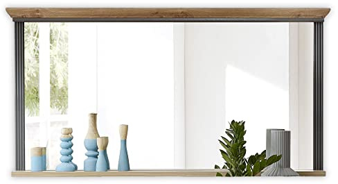 Stella Trading JASMIN Wandspiegel in Artisan Eiche Optik, Graphit - Vielseitiger Spiegel für Flur, Wohn- und Esszimmer im Landhausstil - 142 x 74 x 16 cm (B/H/T) | Spiegel im Landhausstil für Flur, Wohn- und Esszimmer, große Spiegelfläche mit praktischer Ablage für Dekoration, Landhaus