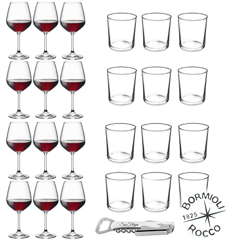 Set Calici 12 Persone, Servizio Calici Di Vetro, Set Calici da Vino Rosso Mod DIVINO, Servizio Bicchieri Acqua Vetro Trasparente Mod BODEGA Con Cavatappi Sanfilippo -Servizio Elegante, Semplice