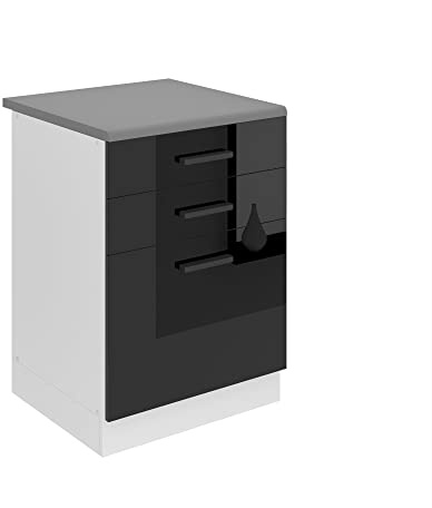 Belini Unterschrank Küche, Küchenunterschrank 60 cm Breite. SDSZ Küchenunterschrank mit Arbeitsplatte. Küchenschrank mit Schubladen, Schwarz Hochglanz
