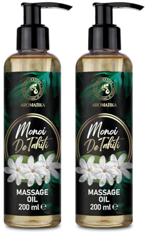 Massageöl Set Monoi de Tahiti 2 x 200 ml - Körperpflege mit Kokosöl - Gardenienblütenextrakt - Monoi de Tahiti Öl - Feuchtigkeitsspendend - Exotischer Duft - Schönheit - Aromatherapie
