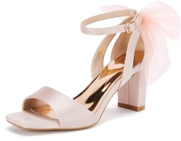 Coutgo Women's Bow Tie Heeled Sandals Chunky Heels One Strap Satin Ankle Buckle Dress Wedding Shoes, Pink, Size 8.5