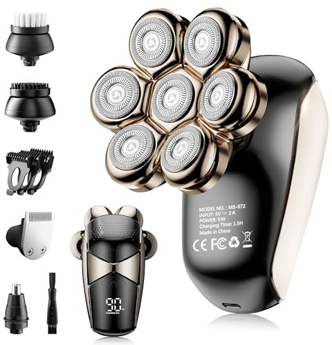 Men's Electric Bald Razor, ROSSIFUR 5 in 1 Bald Men's Head Shaver, IPX7 Waterproof with 7 Rotating Shaver Heads, Nose Hair Sideburn Trimmer, Type C Rechargeable Grooming Set