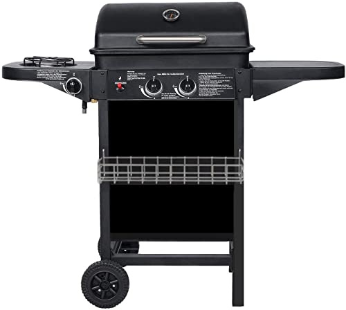 Barbacoa de Gas con 2 Quemadores Compactos, Quemador Lateral, Rejilla, Mesas Laterales y Carro de Acero, 8,7 kW de Potencia