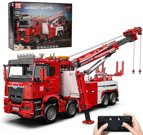 Mould King 17027 Technik Feuerwehrauto LKW Bausteine, 4883 Teile Große Construction Kran Truck Bausatz Modell, mit 7 Motoren, Technologie 2.4 G Fernbedienung und App Dual Control Mobile Truck
