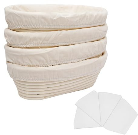 uyoyous Banneton - Cestini per lievitazione del pane, 4 pezzi, 25 x 15 x 8 cm, ovale, in rattan, con rivestimento in tessuto di lino e 4 pannelli tagliati, per panettieri professionali e casalinghi