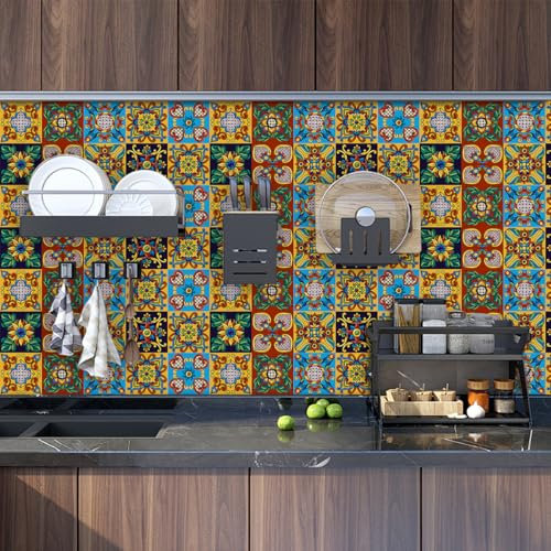 Tile Stickers 30x30 cm Red Blue Retro Self Adhesive Wall Tiles Waterproof Stick on Tiles Bathroom Kitchen Tile Stickers Stick on Wall Tiles Decor Self Adhesive Tiles 10 Pcs