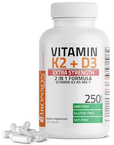 Bronson Vitamin K2 (MK7) with D3 Extra Strength Supplement Bone and Heart Health Non-GMO Formula 10,000 IU Vitamin D3 & 120 mcg Vitamin K2 MK-7 Easy to Swallow Vitamin D & K, 250 Capsules