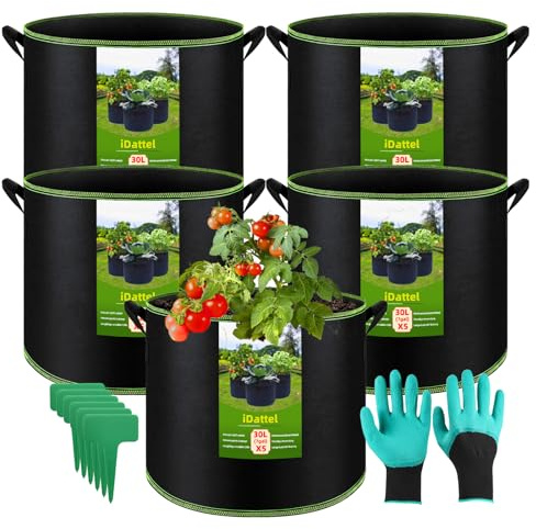 iDattel 5 Stück 30L Pflanzsack,Stofftopf,pflanztaschen mit Griffen-Wiederverwendbare Robuster Stofftöpf für Tomaten & Gemüse - Atmungsaktiver Tomatentopf als Grow Bag für Blumenbeete, Balkonpflanzen