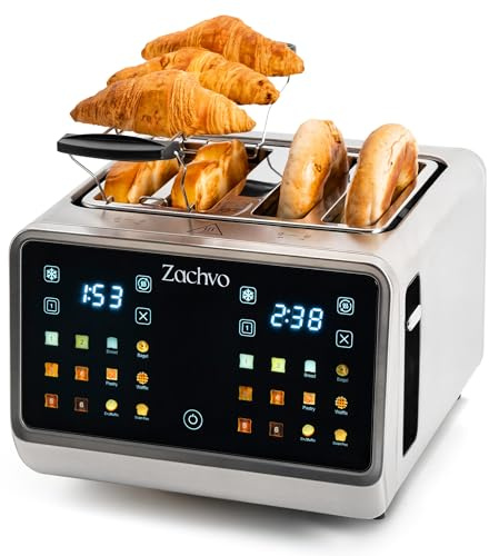 Toaster 4 Scheiben Edelstahl mit Touchscreen & LED Countdown, 2 unabhängige Toastzonen, 3,7 cm extra breite Schlitze für dicke Brotscheiben & Bagels, 6 Programme, Brötchenaufsatz & Sandwichhalter