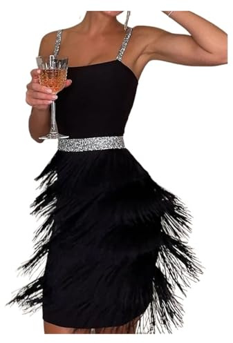 Vestido Flecos Vestido de Fiesta Midi sin Mangas con Tirantes y Escote bajo Sexy con borlas for Mujer para Mujer(Black,XL)