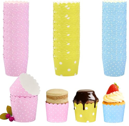 150 pirottini per muffin di carta, per compleanni, matrimoni, feste, Halloween (rosa, blu, giallo)