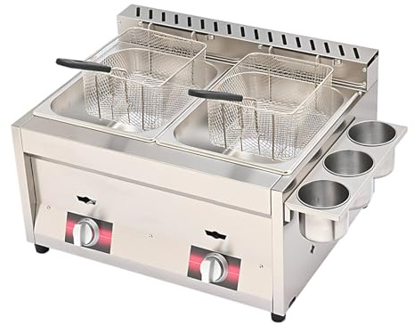 Friggitrice a Gas Professionale Friggitrice Inox Professionale Da Banco, Capacità 8l, 16l, 24l, Vasca Singola, Doppia E Tripla, Riscaldamento Rapido, Risparmio Energetico, Ristoranti(2 tank)