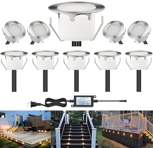 CHNXU LED Outdoor Deck Lights Kits, Φ1.77in Warm White 10 Pack Silver, Low Voltage 12V DC IP67 Waterproof, Electric Wired Recessed Exterior Stair Step Riser Landscape Lighting for Outside Floor Yard