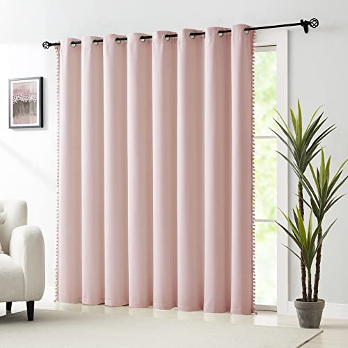 Pink Sliding Door Curtains 100x84inch Length 100% Blackout Extra Wide Pom Pom Room Divider Curtain Panels Thermal Insulated Patio Door Curtains for Kids Nursery Room 1 pc Blush Pink Grommet Top