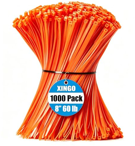 XINGO Orange Cable Ties Pack of 1000, 200mm x 4.8mm, Premium Nylon Durable Zip Ties, Self-Locking UV Resistant Nylon Plastic Wire Ties for Indoor and Outdoor