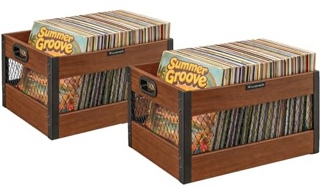 X-cosrack Vinyl Record Storage Crate, Wooden LP Record Organizer, Holds 60–80 Records Each, 2 Packs Classic Cube Storage for Albums