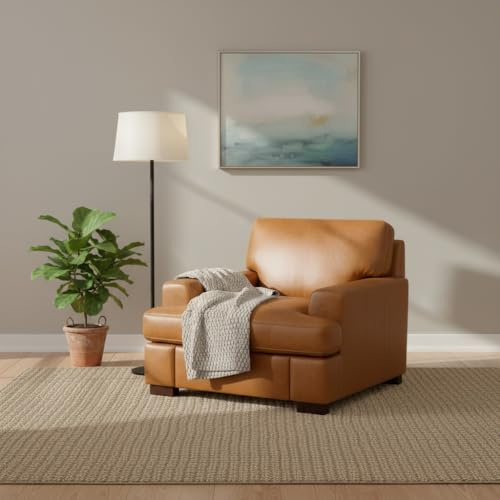 Naomi Home Siggy 400 LBS Capacity Genuine Leather Accent Chair – Goose Feather Cushion Filling for Cloud-Like Comfort, Easy Assembly, Tan Mid-Century Modern Single-Seat Sofa for Living Room