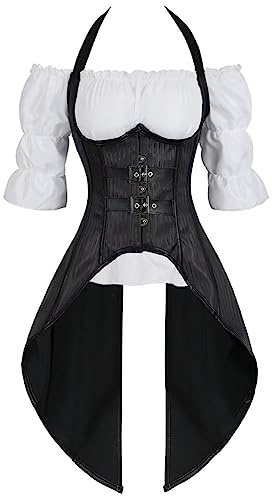 Corset Underbust Long Top Vit Blouse Halter Neck 2 Set Renaissance pirat Medieval Outfits Halloween kostym Gotiska Svart M