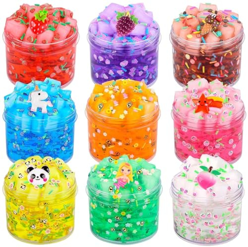 9 Pack Jelly Cube Clear Fluffy Slime Making Kit Party Favor, Crunchy Crystal Slime Charms for Girls and Boys, DIY Birthday Boba Slime for Kids, Bag Fillers Soft Non-Sticky Stress Relief Toys