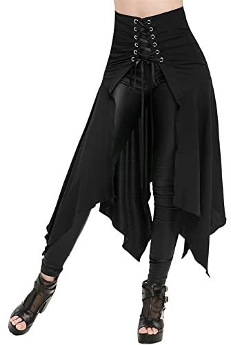 Gothic Rock Damen ,Punk Rock Damen,Steampunk Rock Damen Schwarz Midirock Hohe Taille Faltenrock Retro Vintage Röcke Mittelalter Rock Swing Maxirock mit Kordelzug Cosplay Halloween Karneval Kostüm