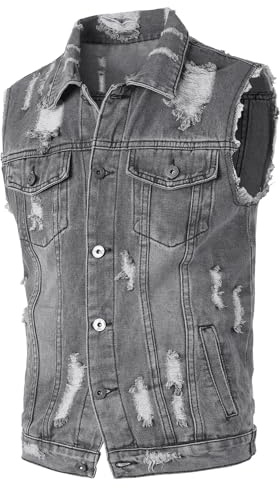 Yukirtiq Herrjacka i denim rippad vintage motorcykelväst cowboy ärmlös väst motorcykel denimjacka Jean Gilets truckerväst, Grå, S