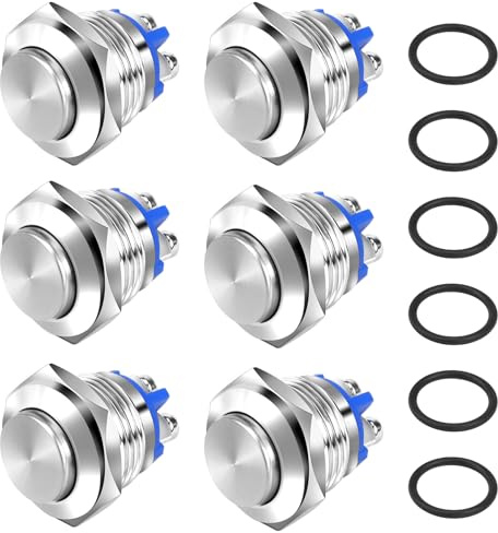 LPZMPZ 6Pcs Pulsante Impermeabile Momentaneo, 16mm Interruttore a Pulsante in Metallo 12V 24V, Pulsanti a Pressione in Rame Argento con 2 Morsetto a Vite (Testa Alta)