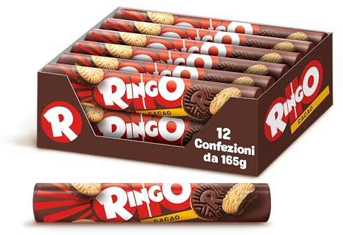 Pavesi Snack Ringo Cacao, Biscotti Farciti con Crema al Gusto Cioccolato, Snack per Merenda o Pausa Studio, Formato Tubo 12 Confezioni da 165 g