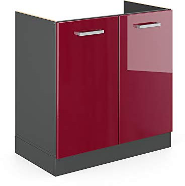 Mueble bajo para fregadero de 80 cm, color burdeos, alto brillo/antracita, diseño moderno para organización y almacenamiento de cocina