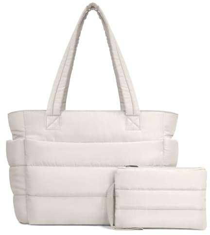 TOPDesign Puffer Tote Bag for Women, Lightweight Puffy Handbag with Compartments & Cosmetic Bag, Quilted Shoulder Bags for Work, Travel, Gym, Gifting (M Light White)