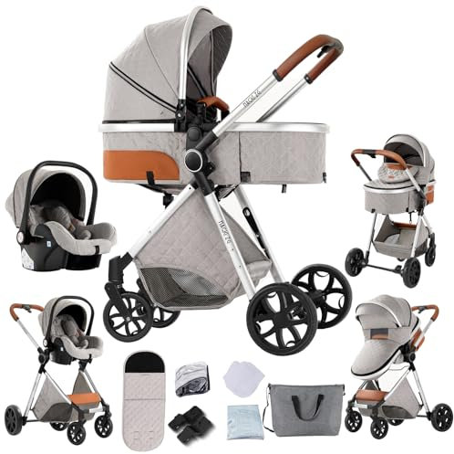 Veitoalioy Kinderwagen 3 in 1, Bequemer Multifunktionaler Kombikinderwagen 3 in 1 Komplettset, Aluminium Hohe Landschaft Babywagen, Faltbarer Kinderwagen Set (V9 Light Grey)