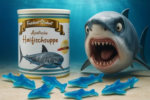 Asiatische Haifischsuppe aus der Dose – lustiges Geschenk zu Weihnachten Halloween oder Geburtstag für Kinder und Erwachsene – Weingummi Haie in einer Feinkost Dose – 300g