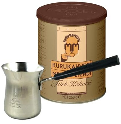 KURUKAHVECI MEHMET EFENDI Turkish Coffee, Cezve Set, Roasted Ground,Rich Aroma, Turkish Coffee Set, Original Taste Since 1871 (8.8 OZ / 250 Gr) with Cezve